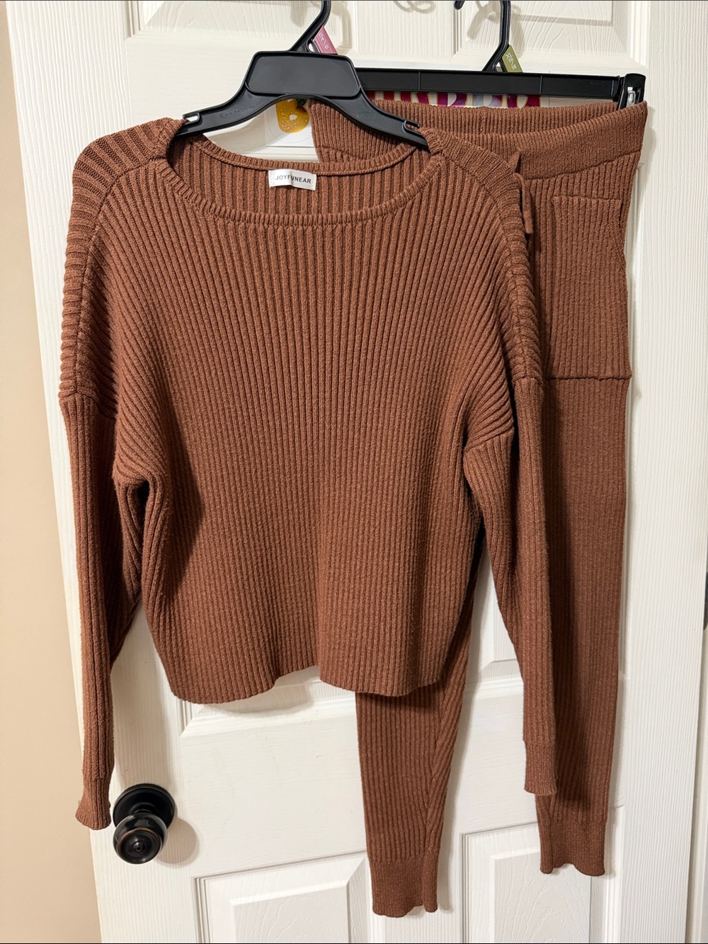 Cozy Ribbed Crewneck Sweater Set — Warm Brown